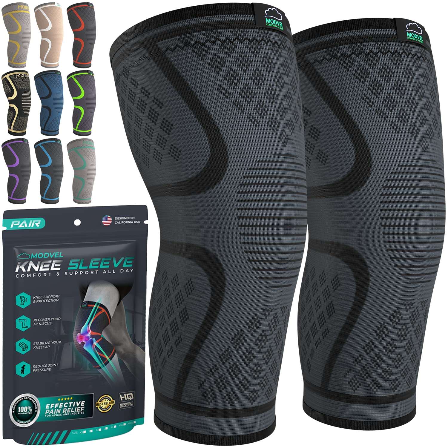 Modvel Knee Braces for Knee Pain Women & Men - 2 Pack Knee Brace for Knee Pain Set, Knee Brace Compression Sleeve, Knee Support for Knee Pain Meniscus Tear, ACL & Arthritis Pain Relief - Knee Sleeves Medium A Black