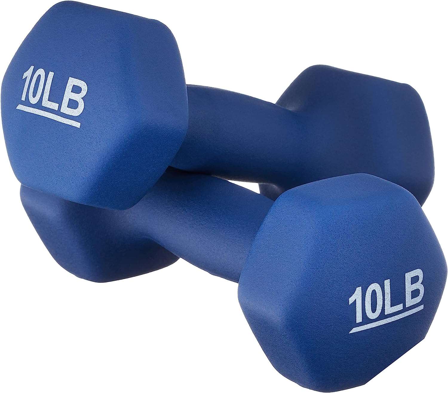 Amazon Basics Neoprene Workout Dumbbell About this item 10 pound dumbbell (set of 2) for exercise and strength training Neoprene coating in Navy Blue offers long lasting durability Hexagon shaped ends prevent dumbbells from rolling away and offer stay-in-place storage Nonslip grip promotes a comfortable, secure hold Available in multiple sizes to mix and match for specific workout needs and to expand on over time Printed weight number on each end cap and color coded for quick identification 