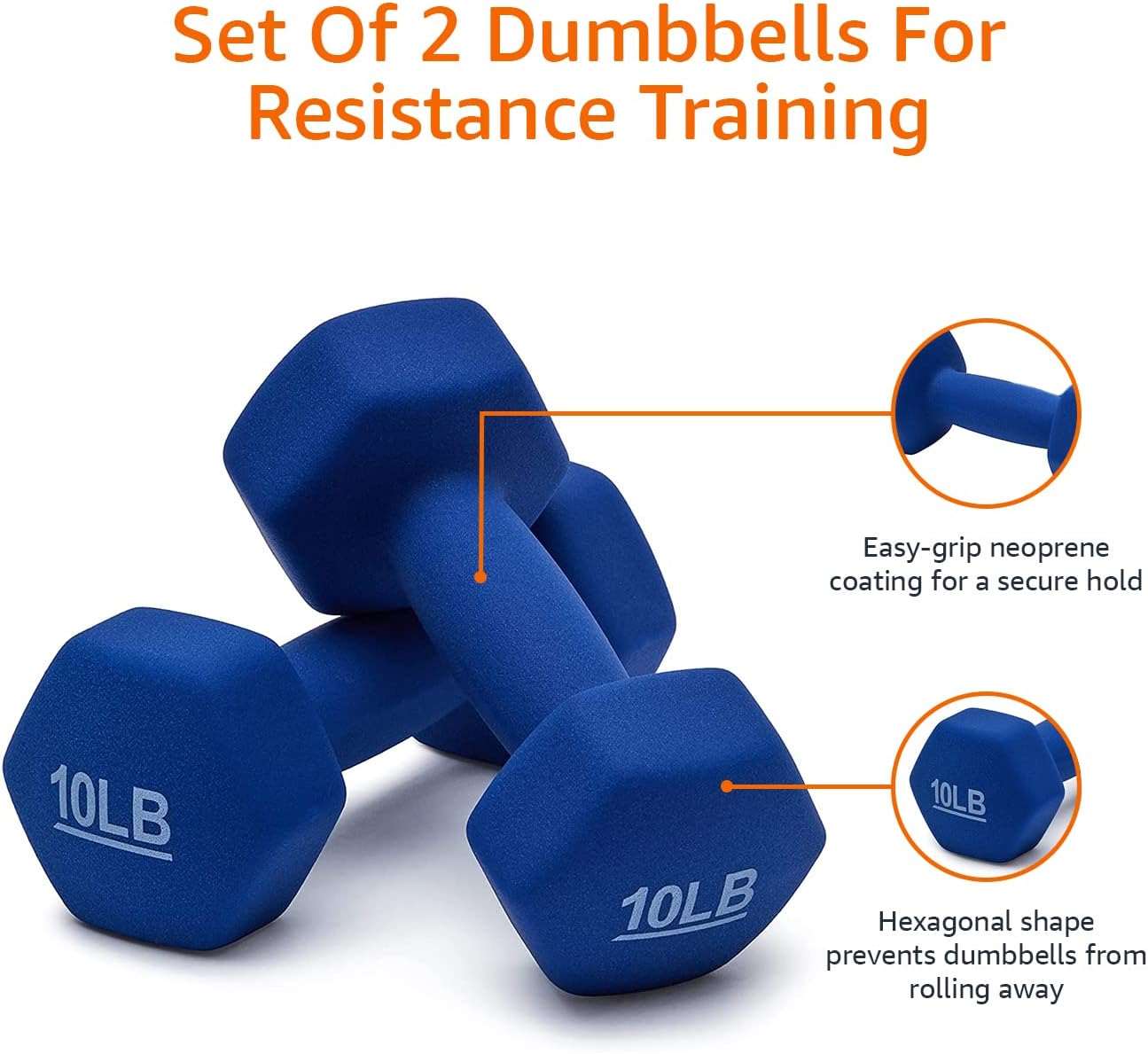 Basics Neoprene Workout Dumbbell About this item 10 pound dumbbell  (set of 2) for exercise and strength training Neoprene coating in Navy Blue  offers long lasting durability Hexagon shaped ends prevent